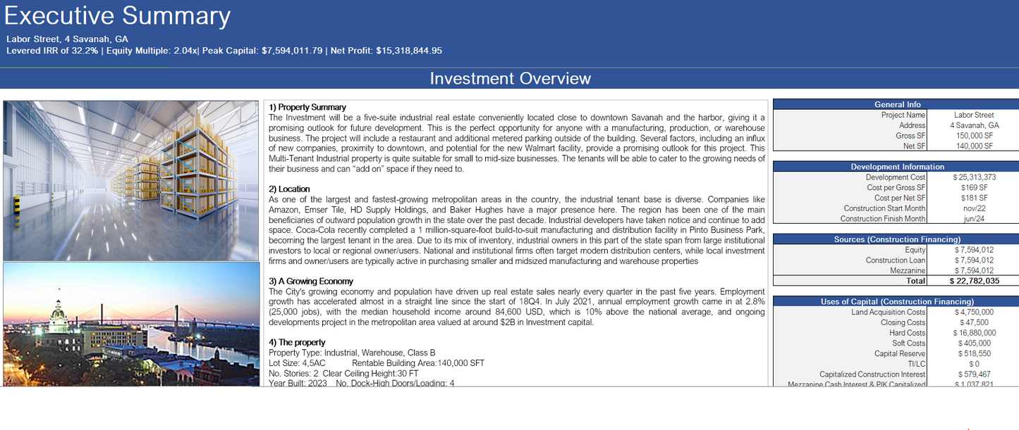 Real Estate - Industrial Development Financial Model