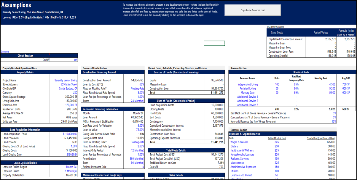 Senior Living Development Model - Real Estate Pro-forma