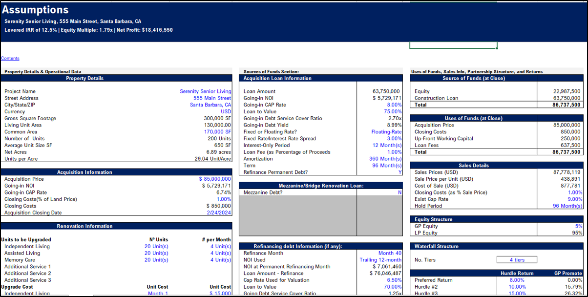 Senior Living Acquisition Model - Real Estate Pro Forma