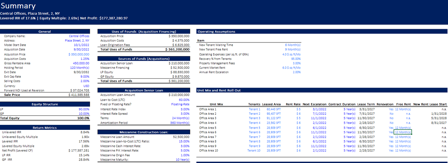 Real Estate – Simple Acquisition Model for Office, Retail Properties - Excel File