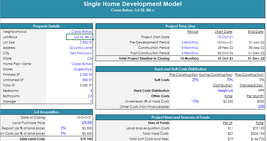 Real Estate - Single Family Development Model Pro-Forma Template