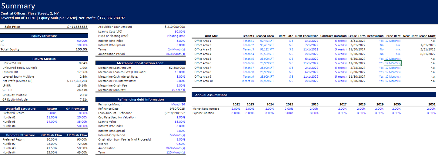 Real Estate – Simple Acquisition Model for Office, Retail Properties - Excel File